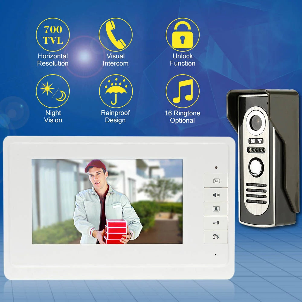 7” Wired Video Door Phone System Visual Doorbell with Indoor Monitor and Outdoor Camera support Unlock Infrared Night View Rainproof Home