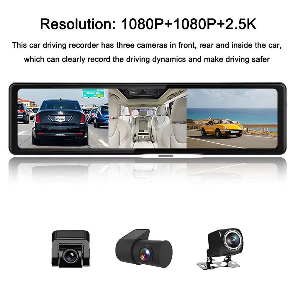 12in Rearview Mirror Dash Cam: 3 Cameras, 2.5K Clear Video Recording - BT Connectivity, Touchscreen, Auto Driving Recorder - Capture Every Moment on the Road
