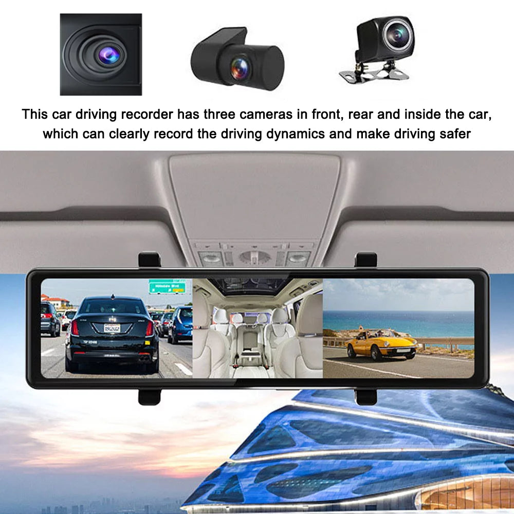 12in Rearview Mirror Dash Cam: 3 Cameras, 2.5K Clear Video Recording - BT Connectivity, Touchscreen, Auto Driving Recorder - Capture Every Moment on the Road