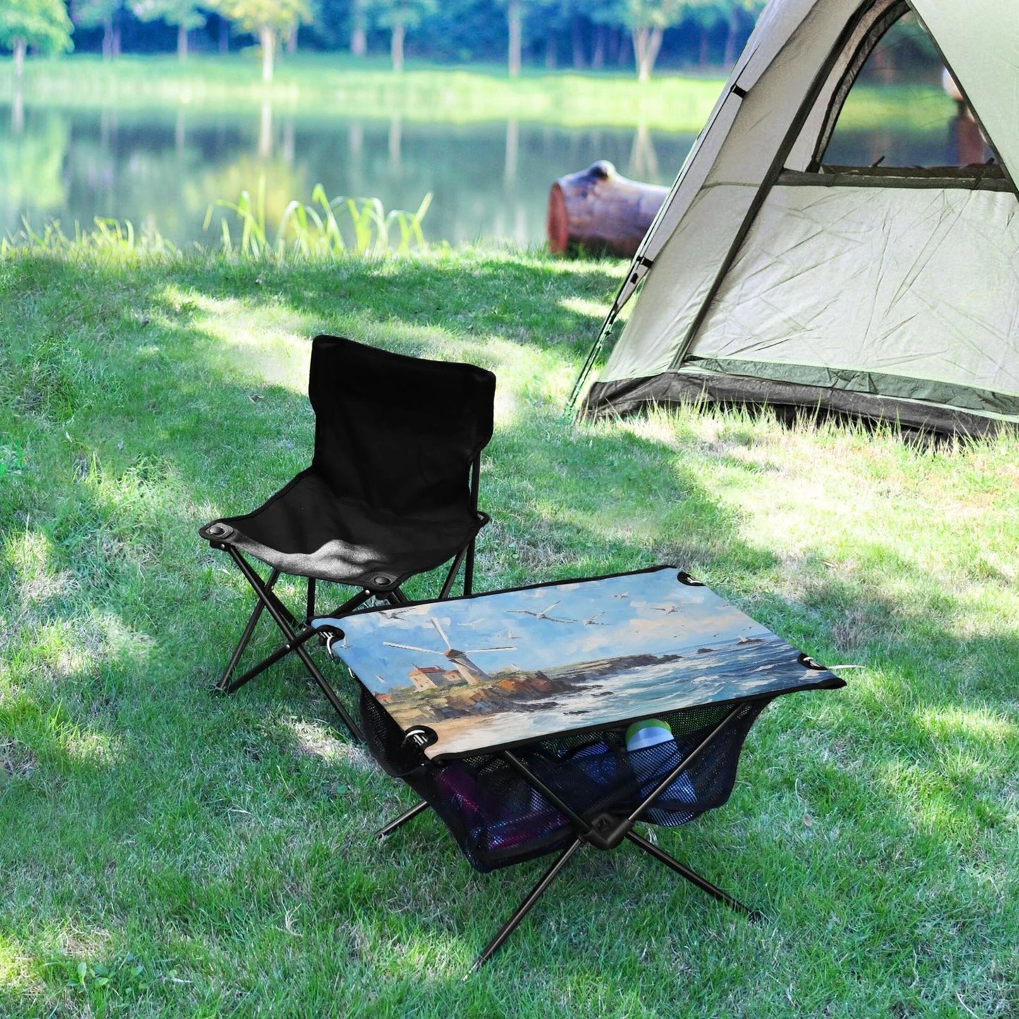 Landscape Paint Camping Foldable Portable Table Beach Table with Storage Bag Compact Picnic Table Outdoor Hiking Fishing BBQ
