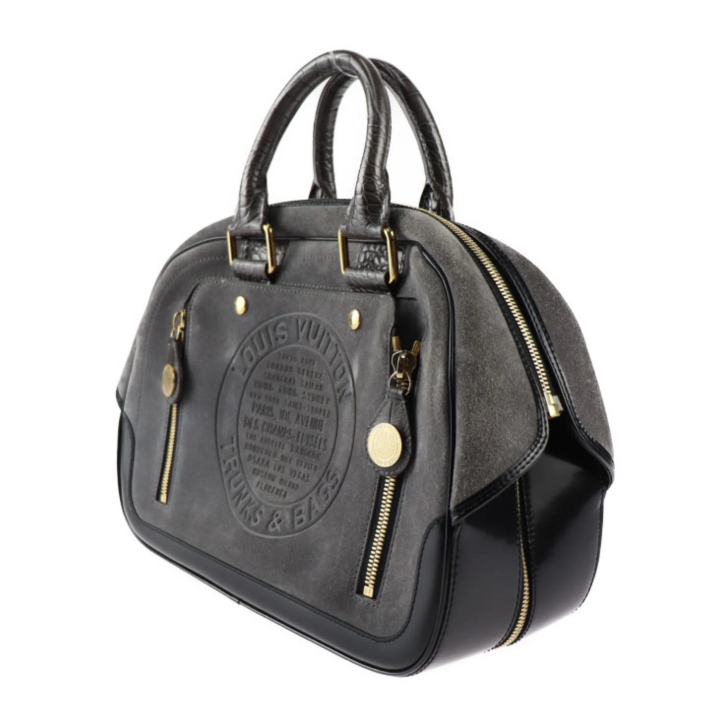 Pre-Owned LOUIS VUITTON Louis Vuitton Stamp Bag GM Handbag M95237 Suede Calf Leather Gray Black Gold Hardware (Good)