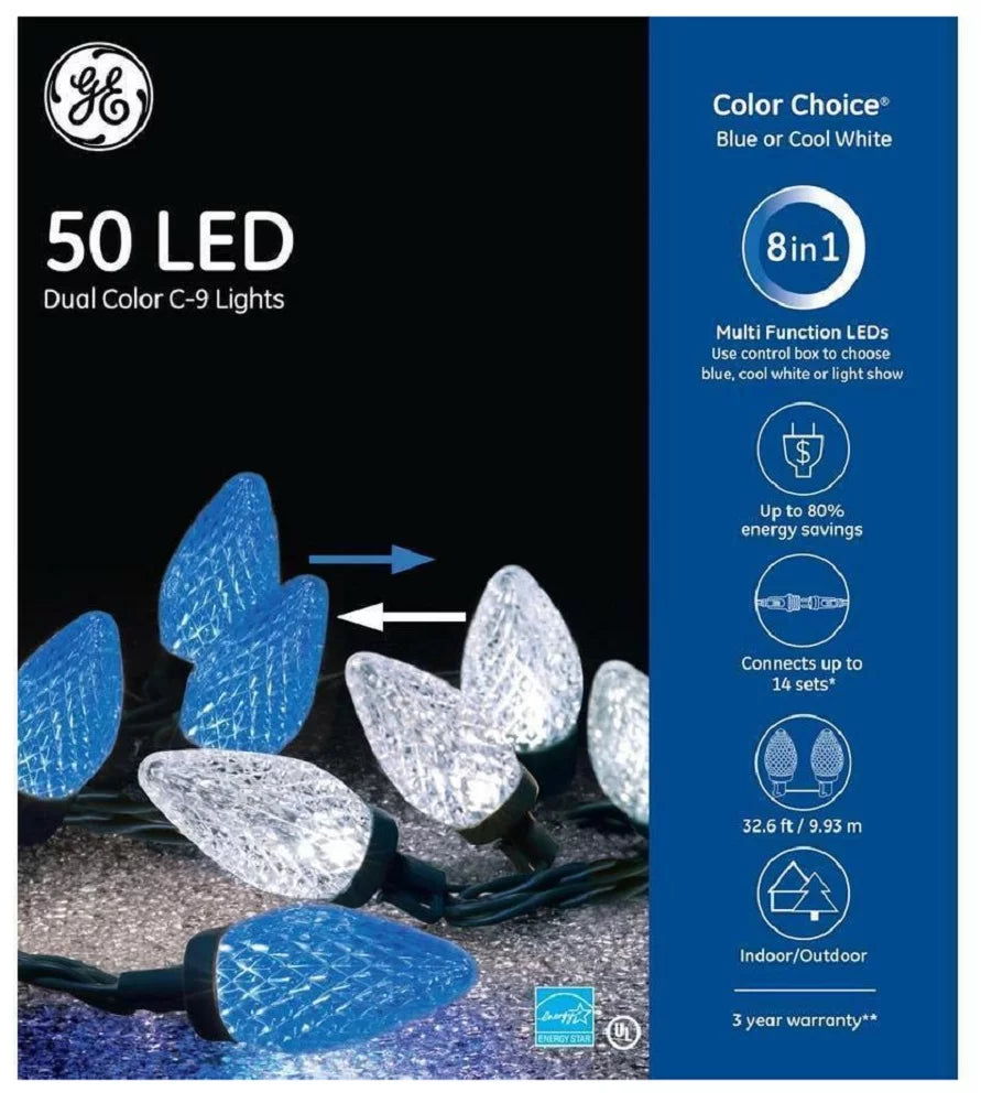 GE Color Choice 50 LED Dual Color C-9 Lights Multi Function 32.6 ft Blue/Cool White