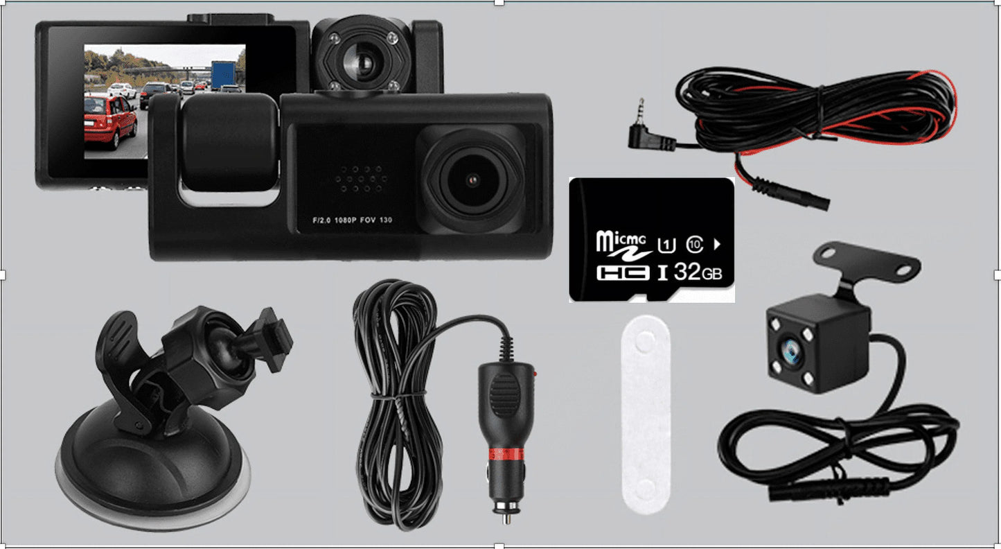 3 Channel Dash cam, 2-inch Screen Driving Recorder, High-Definition 1080P, Night Vision, Loop recording, Motion Detection, G-Sensor +32 GB SD Card