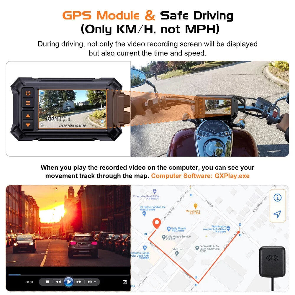 3" Motorcycle Dash Camera A12 Waterproof GPS WIFI 1080P Front Rear Night Vision