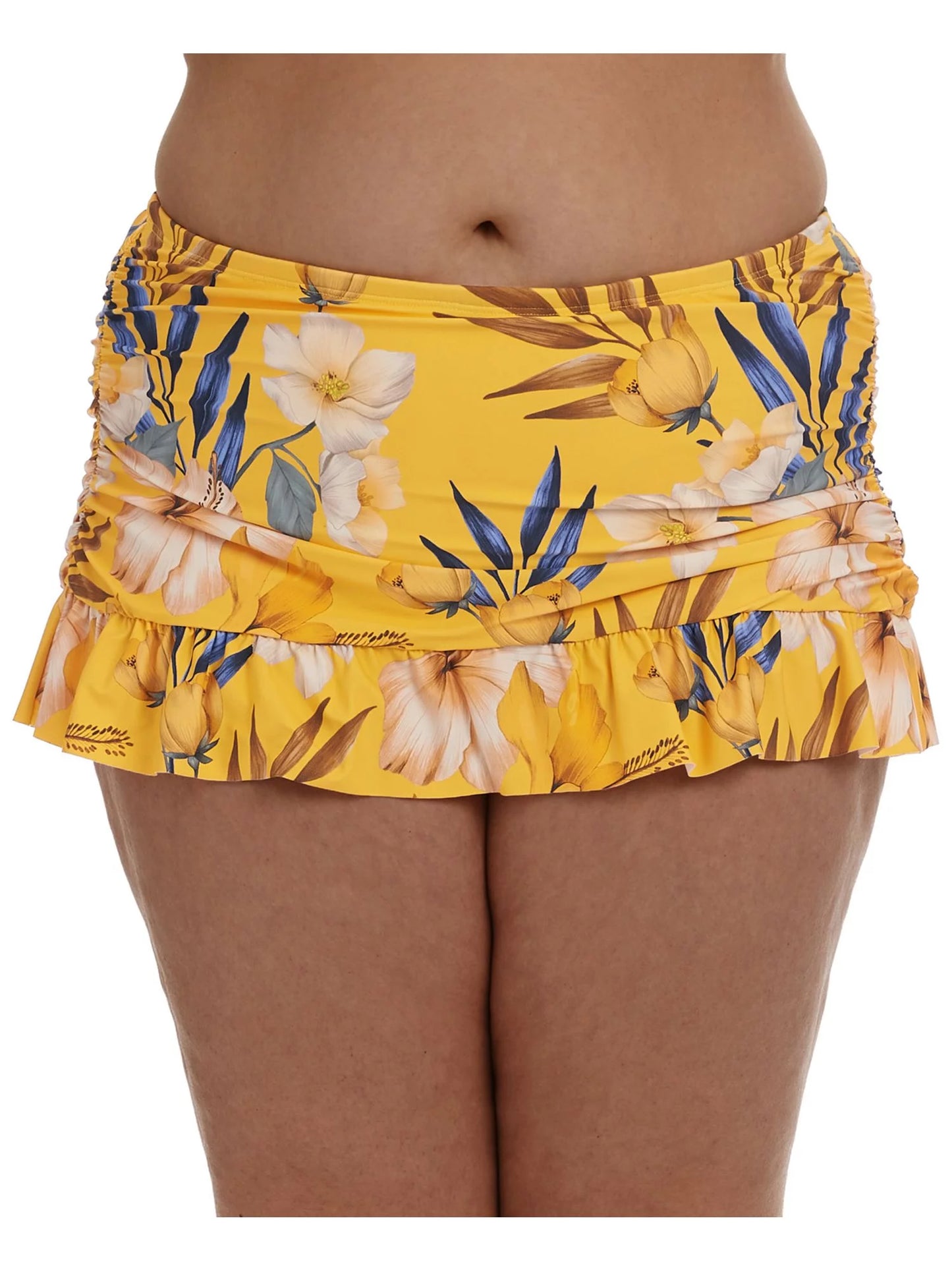 LA BLANCA Women's Yellow Printed Stretch Tummy Control Ruched Sides Lined Moderate Shield Ruffled Belle Fiore Swim Skirt Swimsuit Bottom 18W