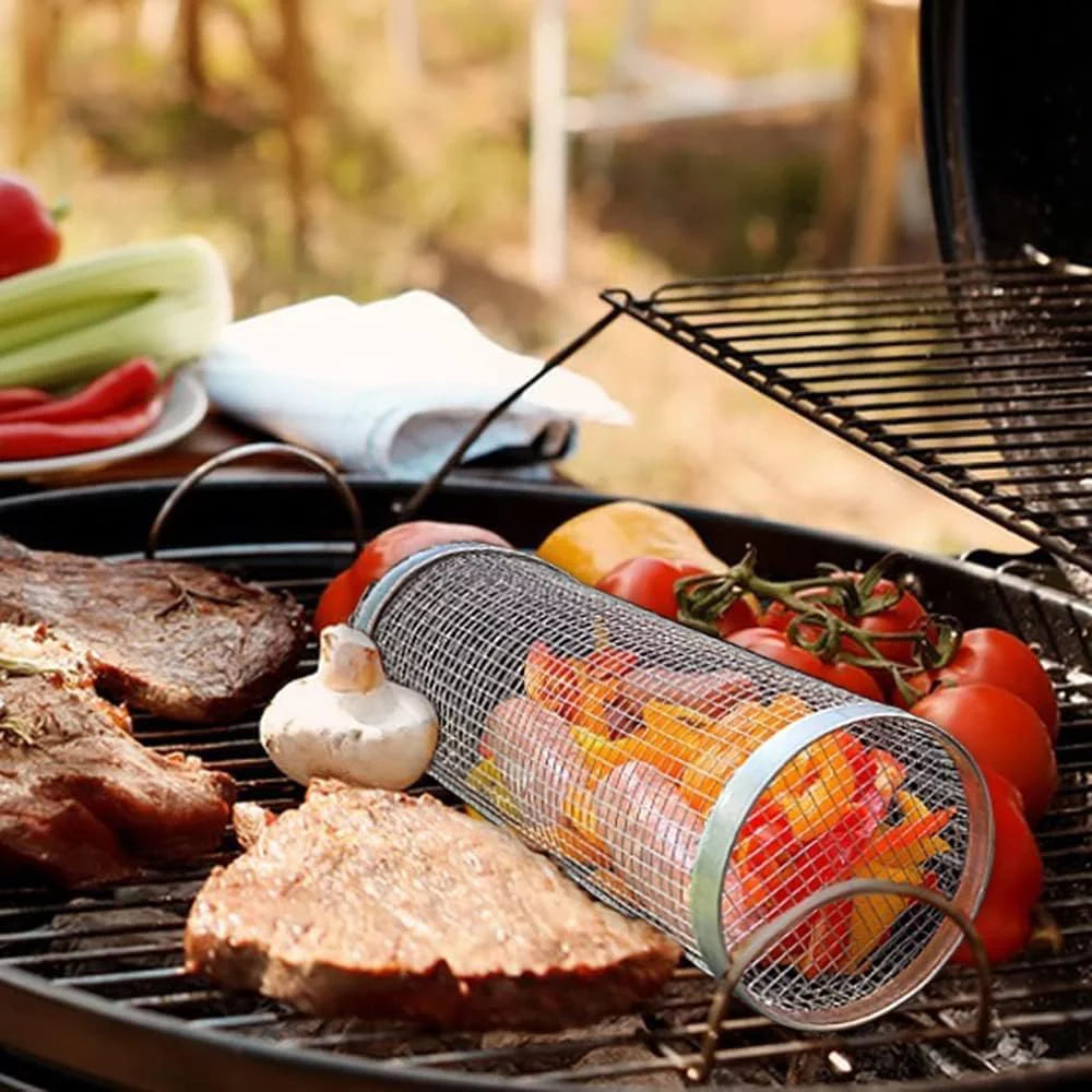 2PC Rolling Grilling Basket,Round Barbecue BBQ Grilling Basket ,Portable Outdoor Camping BBQ Rack Fish, Shrimp, Vegetables, Barbeque Griller Cooking Accessories