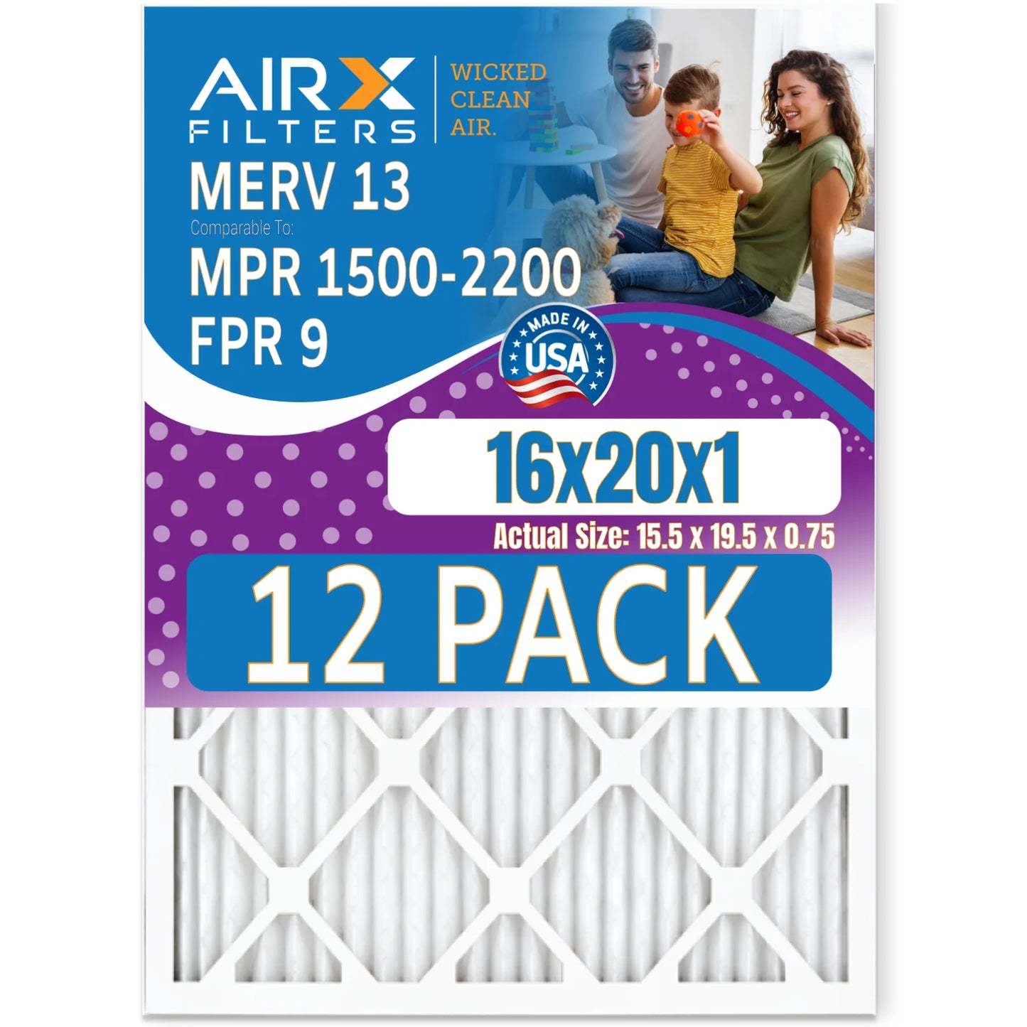 16x20x1 Air Filter MERV 13 Rating, 12 Pack of Furnace Filters Comparable to MPR 1500 - 2200 & FPR 9 - Made in USA by AIRX FILTERS WICKED CLEAN AIR.