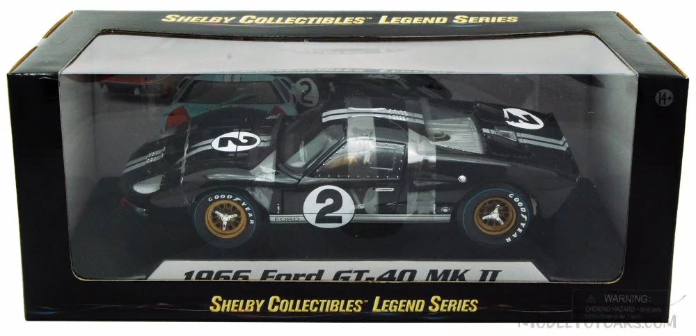 1966 Ford GT-40 MK II #2, Black w/ Silver Stripes - Shelby SC408 - 1/18 Scale Diecast Model Toy Car