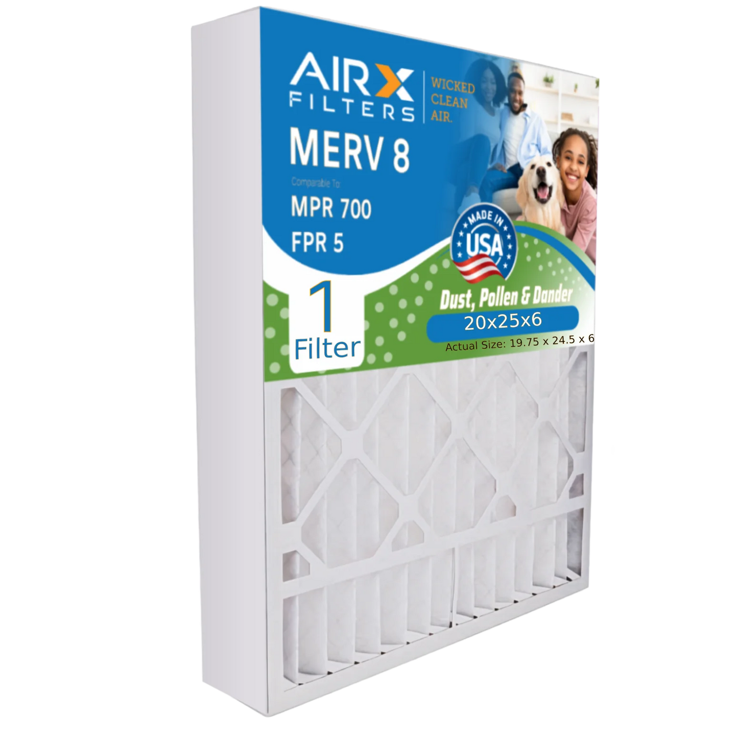 20x25x6 Air Filter MERV 8 Comparable to MPR 700 & FPR 5 with Aprilaire 201 Premium USA Made 20x25x6 Furnace Filter 1 Single Filter by AIRX FILTERS WICKED CLEAN AIR.