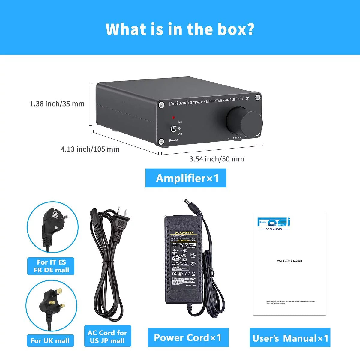 Fosi Audio V1.0B 2 Channel Amplifier Stereo Audio Amp Mini Hi-Fi Class D Integrated TPA3116 Amp Home Speakers 50W x 2 with 19V 4.74A Power Supply