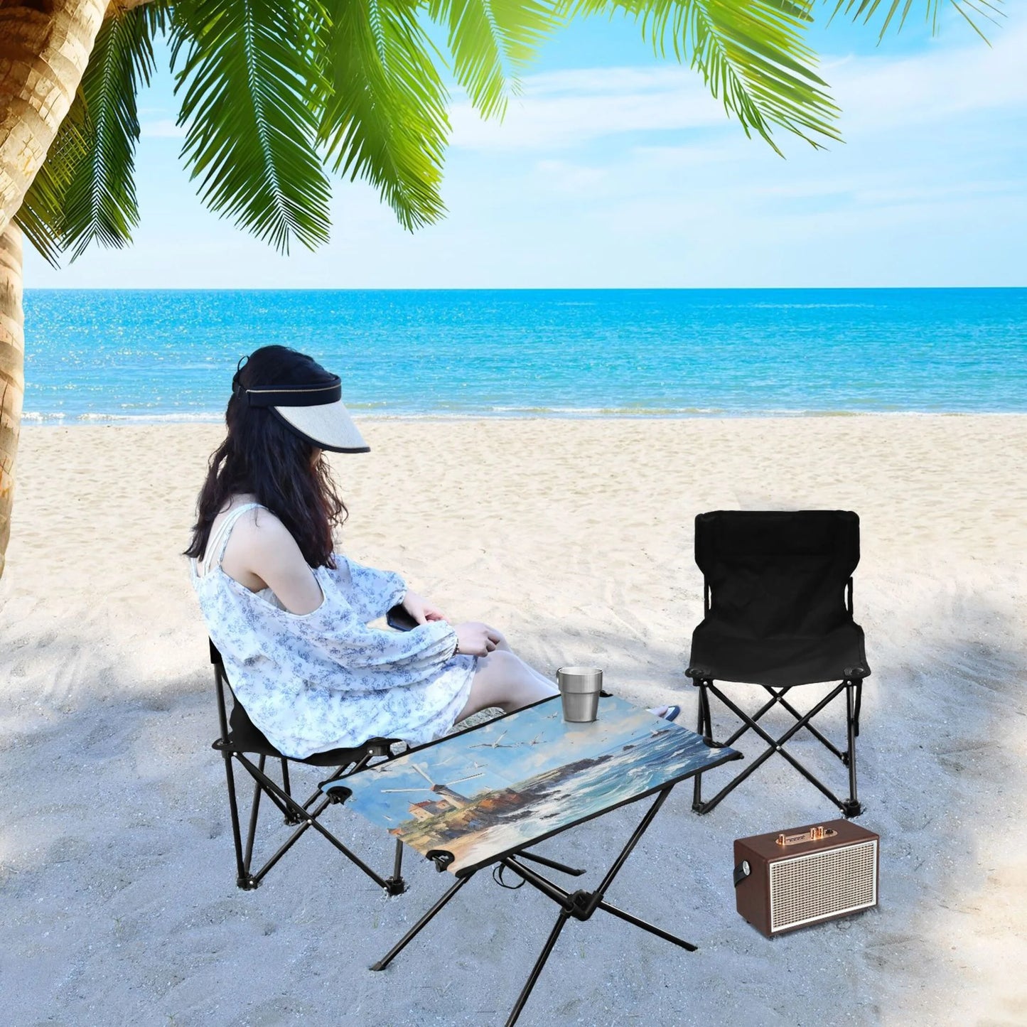 Landscape Paint Camping Foldable Portable Table Beach Table with Storage Bag Compact Picnic Table Outdoor Hiking Fishing BBQ