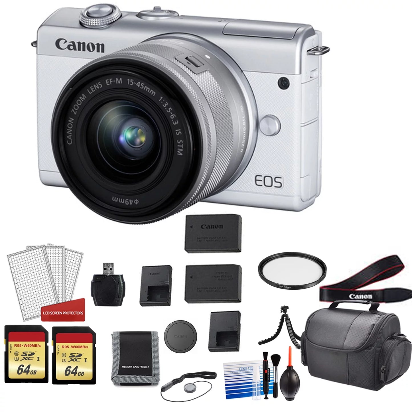 Canon EOS M200 Mirrorless Digital Camera with 15-45mm Lens (White) Kit with Spare Battery + 128GB Memory Card + More