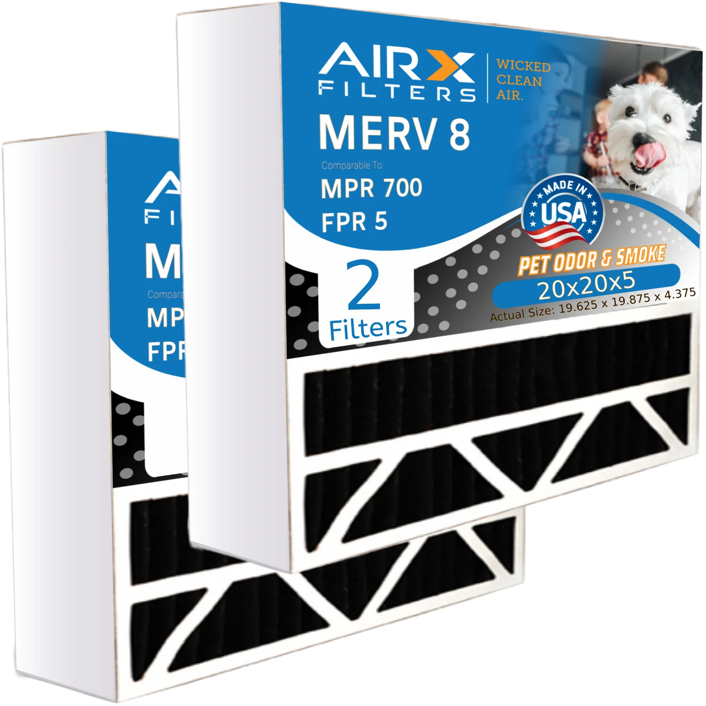 20x20x5 Air Filter Odor Eliminator Carbon Filter MERV 8 Comparable to MPR 700 & FPR 5 with Honeywell FC100A1011 - 2 Pack by AIRX FILTERS WICKED CLEAN AIR.
