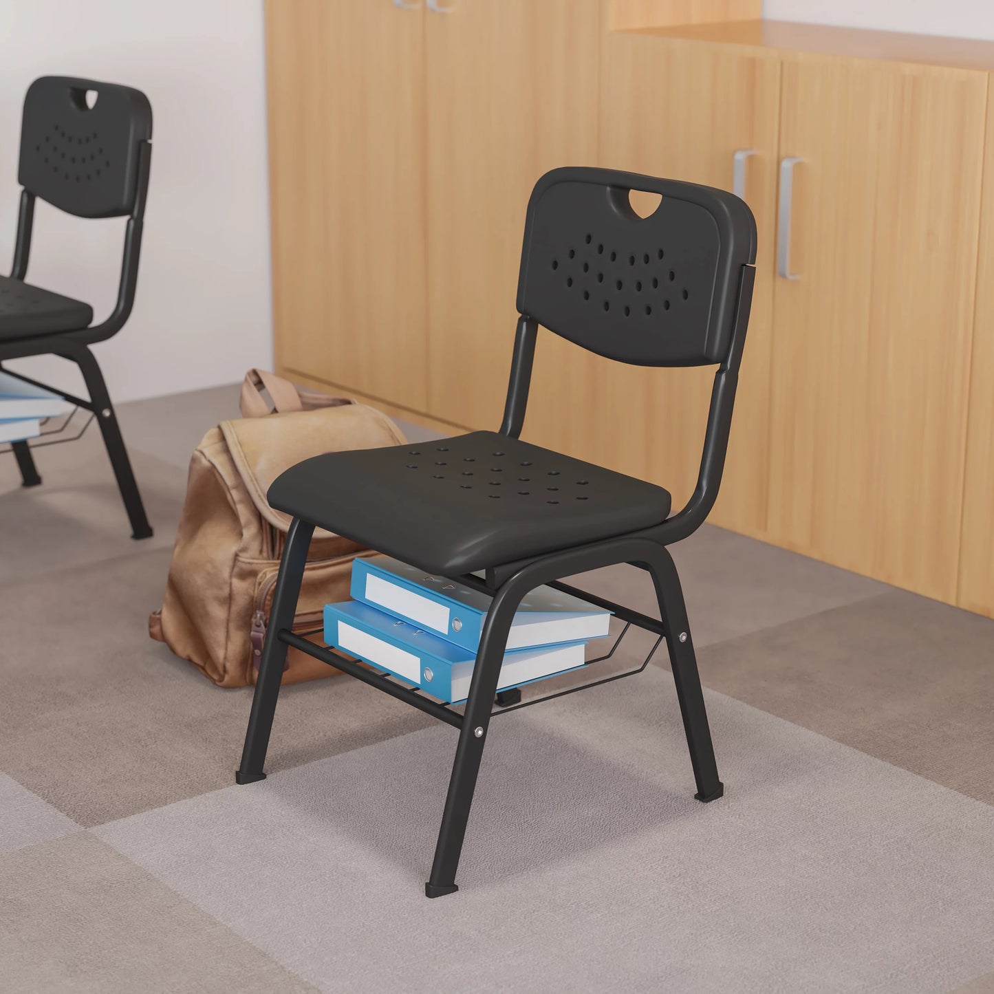 BizChair 880 lb. Capacity Black Plastic Chair with Black Frame and Book Basket