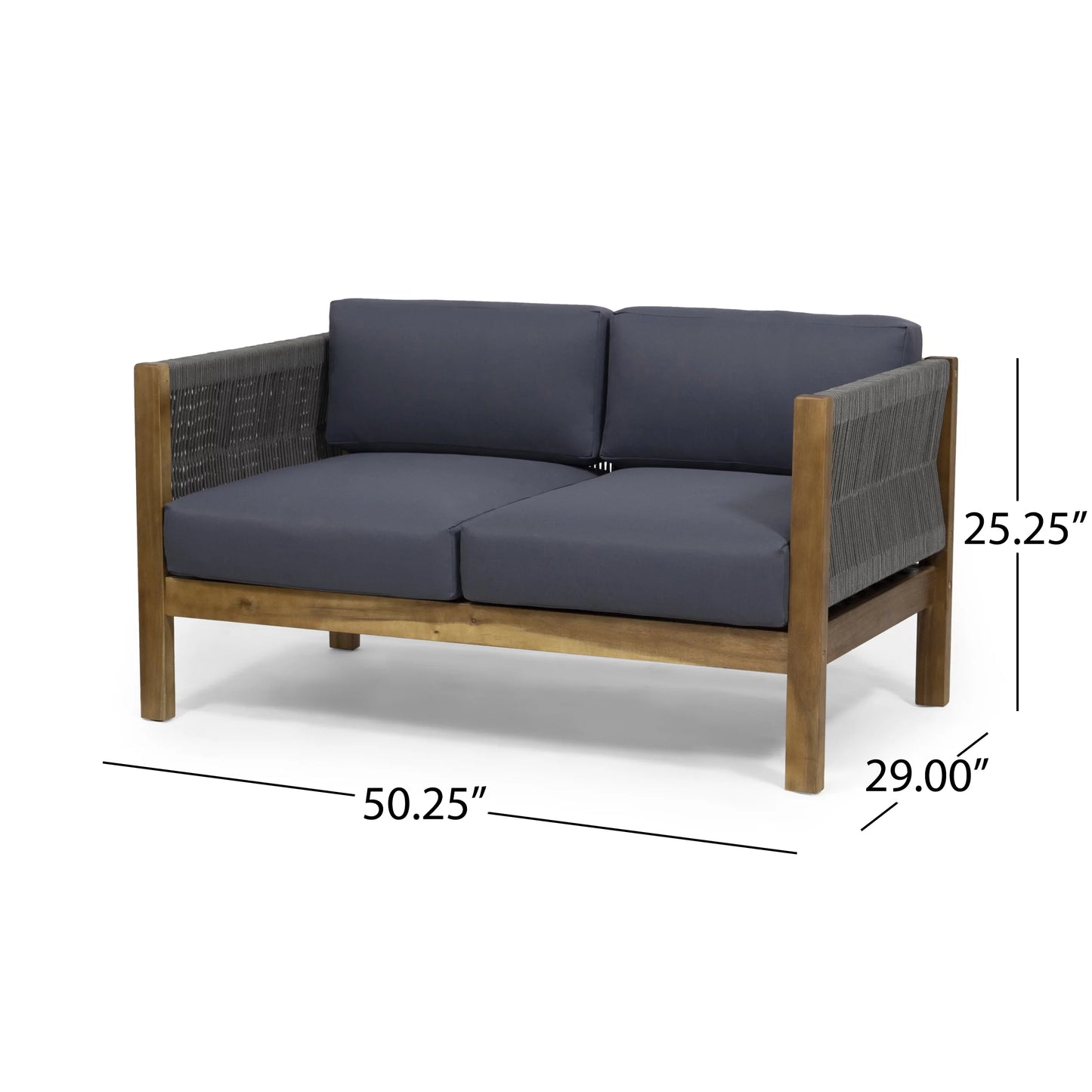 GDF Studio Charlotte Outdoor Acacia Wood and Rope 4 Seater Chat Set with Cushions, Teak and Gray