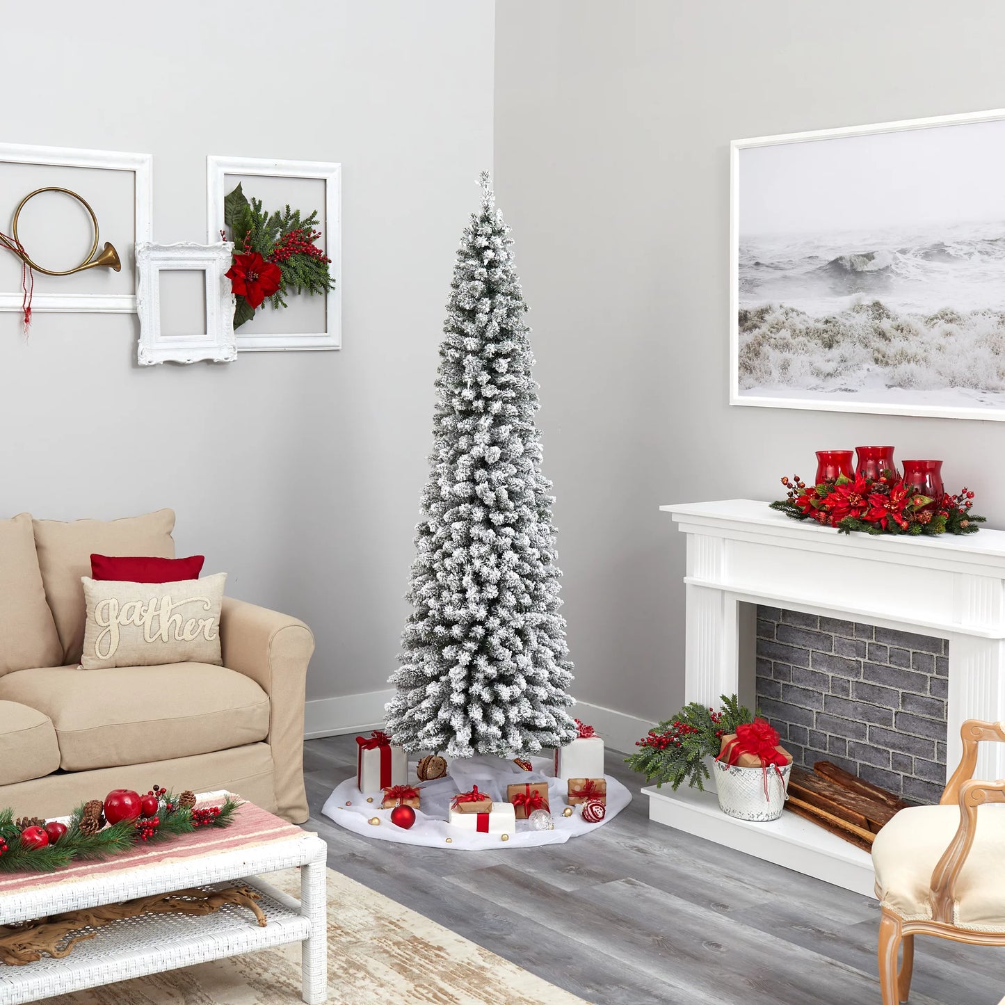 Nearly Natural 7' White Flocked Pencil Artificial Christmas Tree Prelit 400 Clear Lights