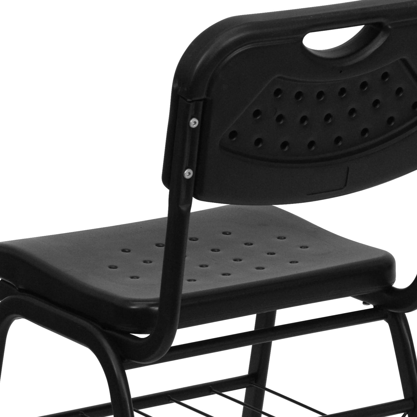 BizChair 880 lb. Capacity Black Plastic Chair with Black Frame and Book Basket