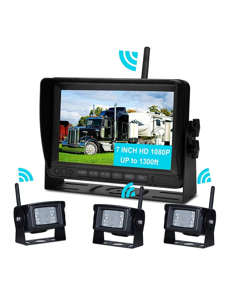 7" Display AHD 1080P Wireless 3CH Rear View Backup Camera Kit Truck Trailer