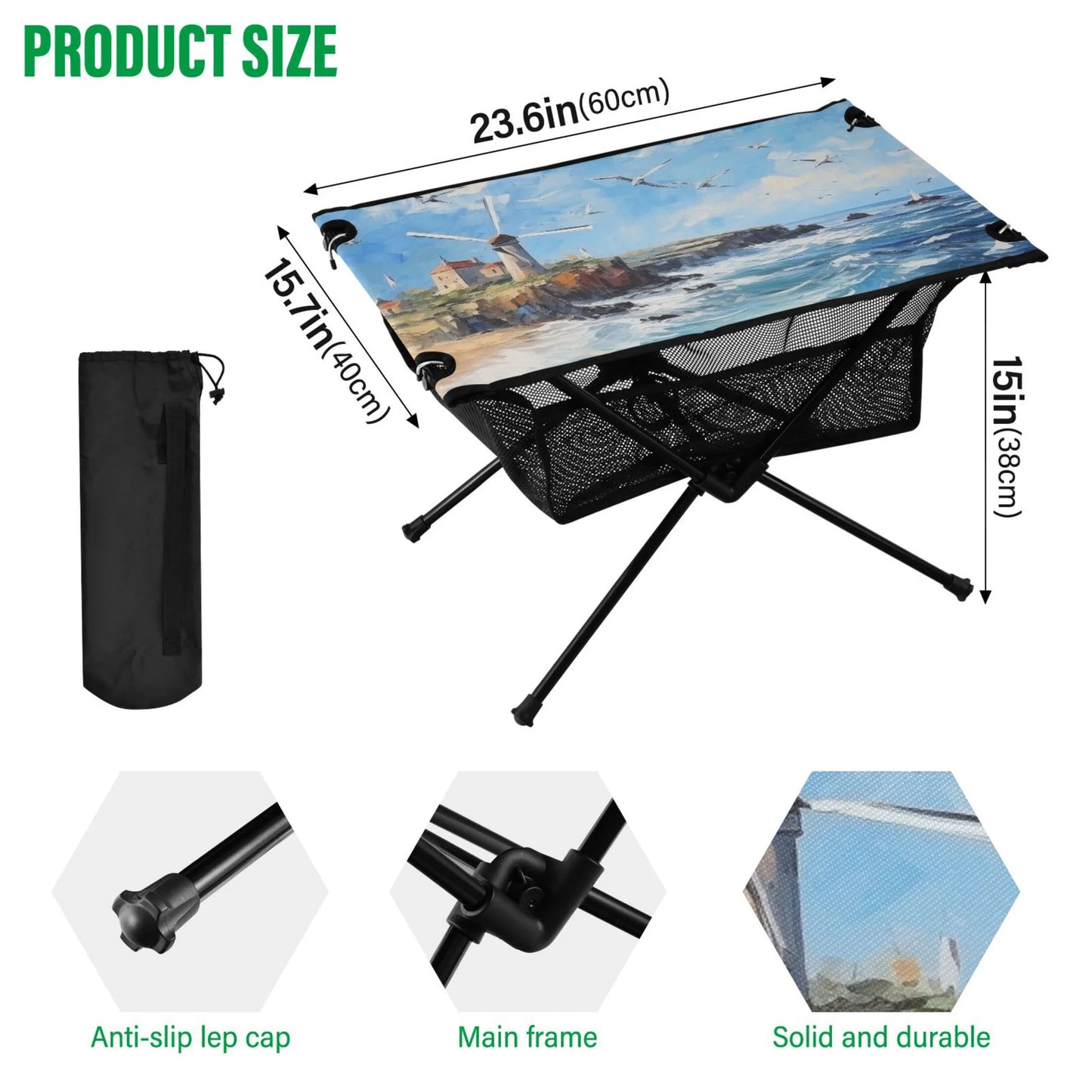 Landscape Paint Camping Foldable Portable Table Beach Table with Storage Bag Compact Picnic Table Outdoor Hiking Fishing BBQ