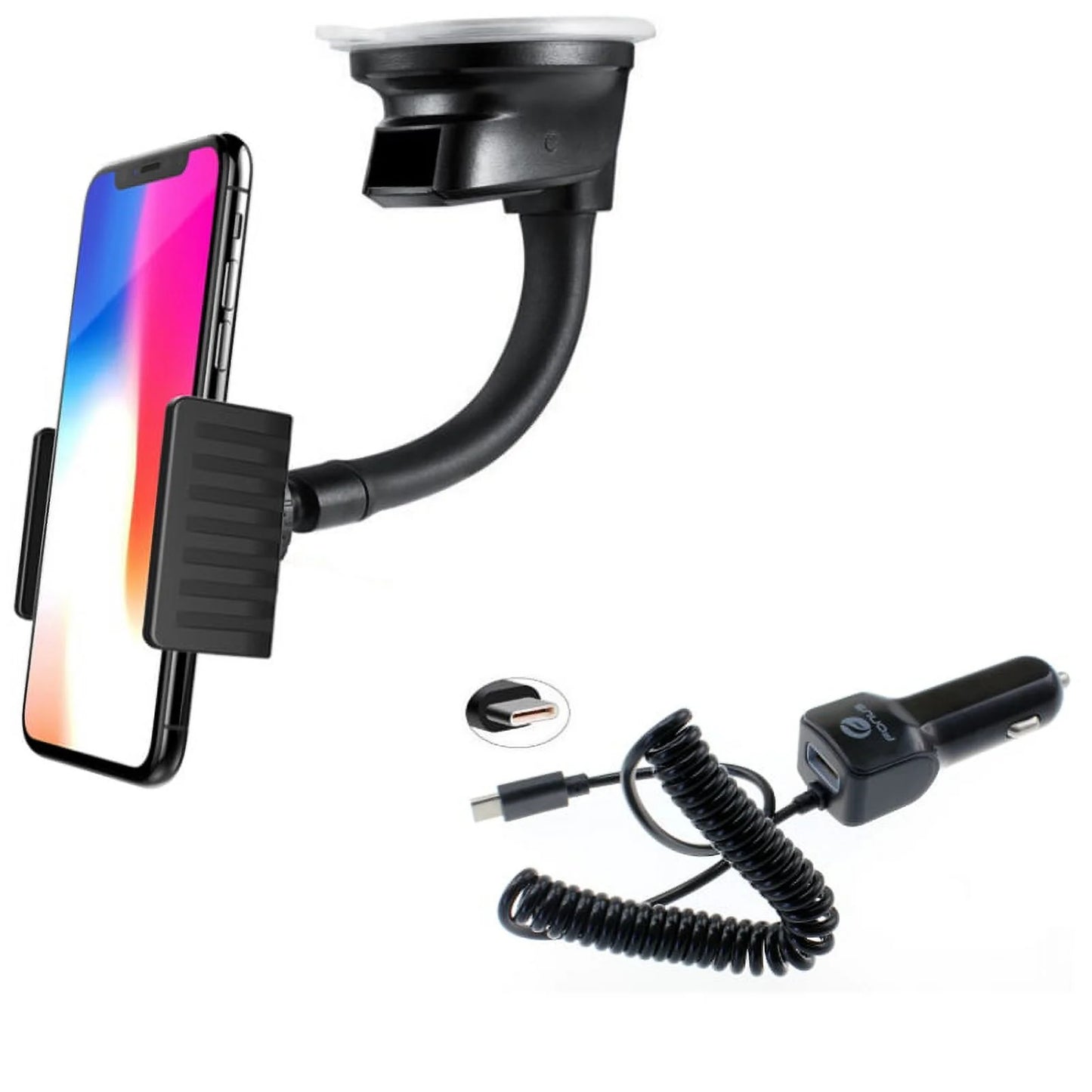 Windshield Dash Car Mount w Type-C 3.1A Charger A7R Blackberry KEYone, Key2 LE - BLU G9, Vivo XI Plus 5 - CAT S61 S48c - Coolpad Legacy - Essential Phone (PH-1) - Google Pixel XL 3a XL 3