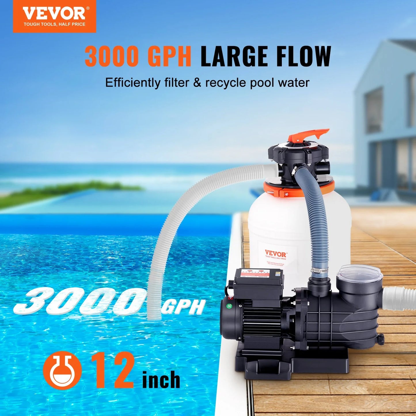 12-Inch 3000 GPH Sand Filter Pump, 1/2 HP, Swimming Pool Pumps System & Filters Combo