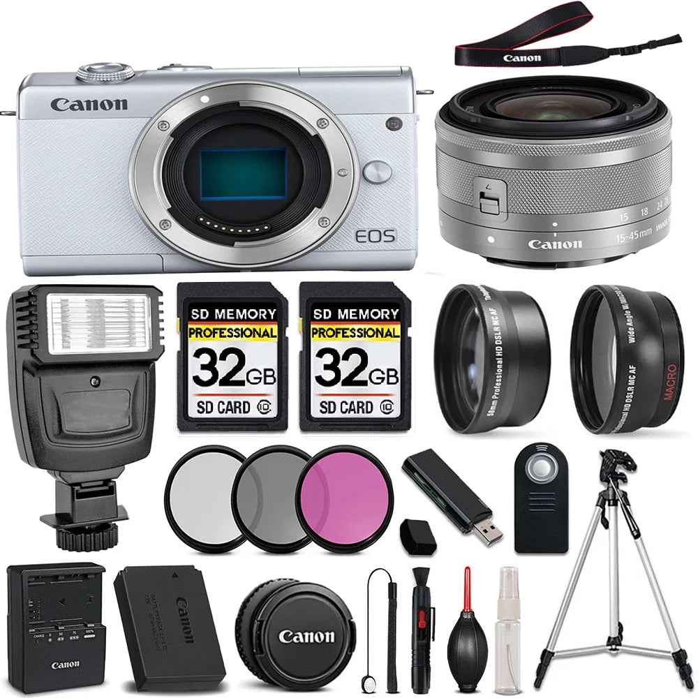 Canon EOS M200 DSLR Camera (White)+ Canon EF-S 15-45mm f/3.5-5.6 IS STM Lens + 64GB Storage + 3PC FILTER KIT - All Original Accessories Included - International Version