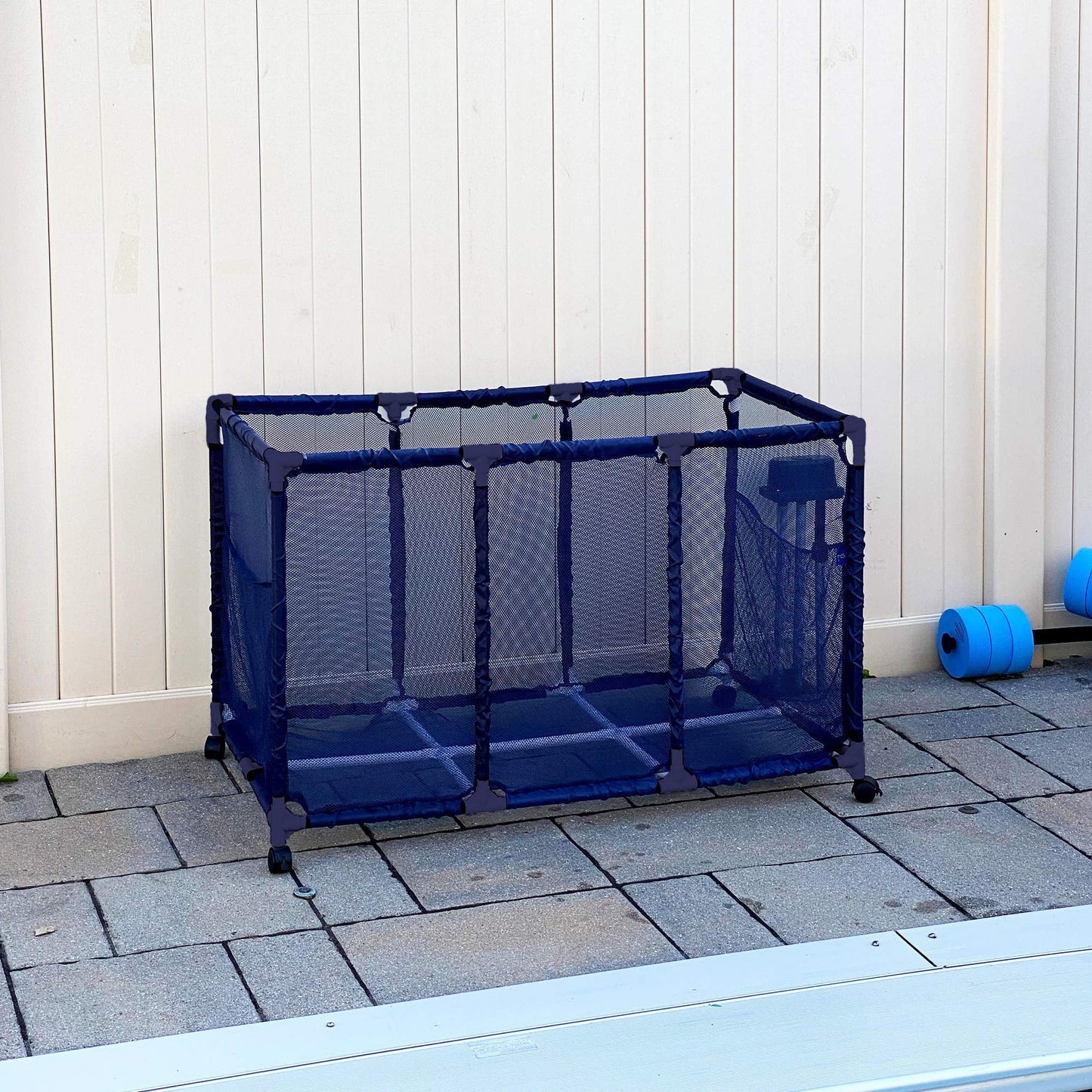 Essentially Yours Pool Noodles Holder, Toys, Floats, Balls and Floats Equipment Mesh Rolling Storage Organizer Bin, Kids Height, Large, (43" W x 25" L x 28" H), Blue Style 563009