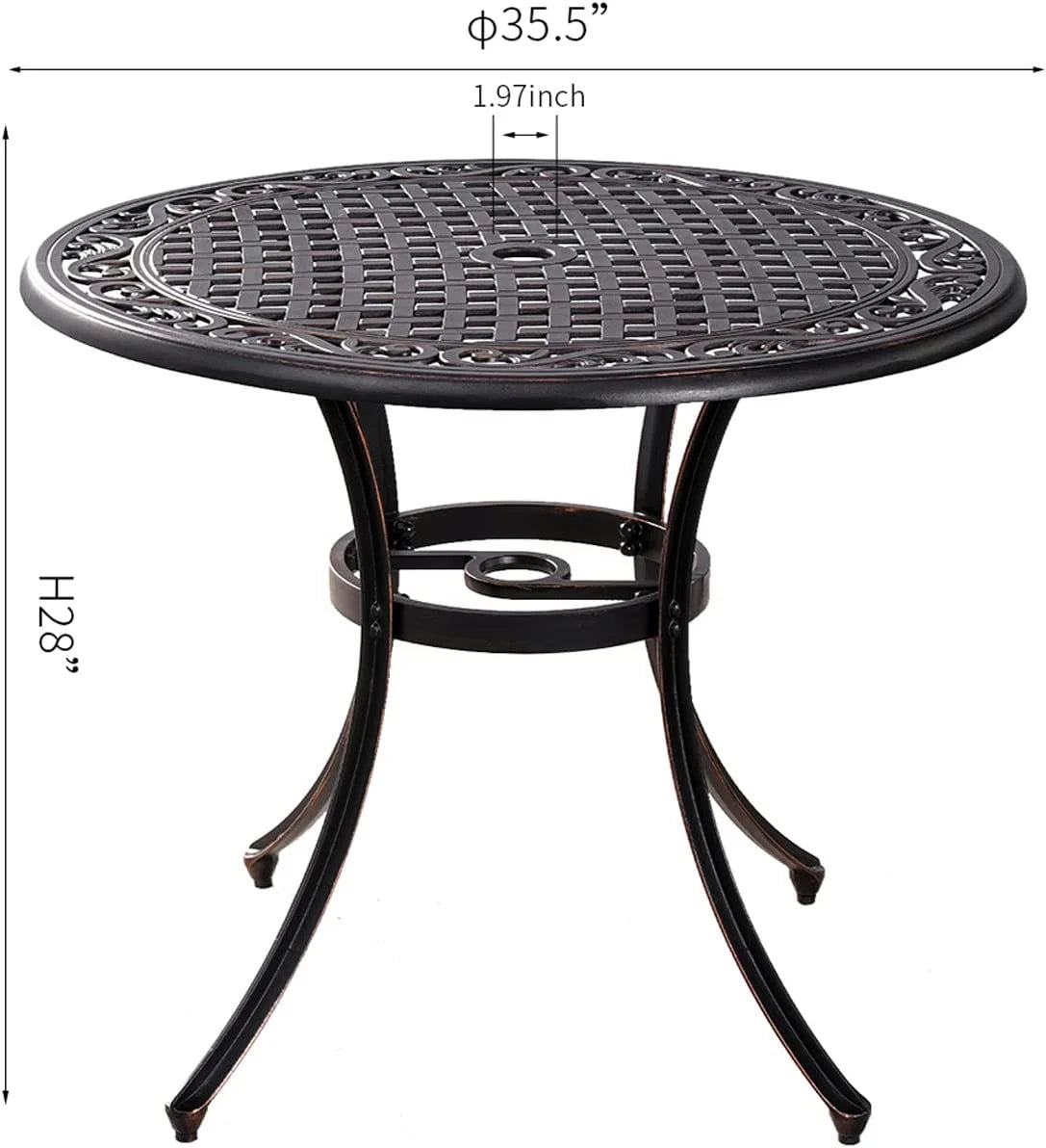 35.5 Inch Patio Bistro Dining Table, Cast Aluminum Patio Table with 1.97" Umbrella Hole,Round Outdoor Dining Table Garden, Patio, Porch