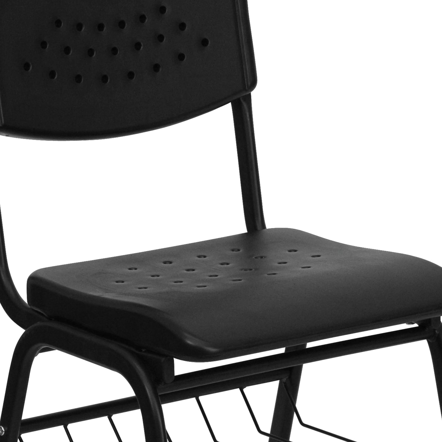 BizChair 880 lb. Capacity Black Plastic Chair with Black Frame and Book Basket