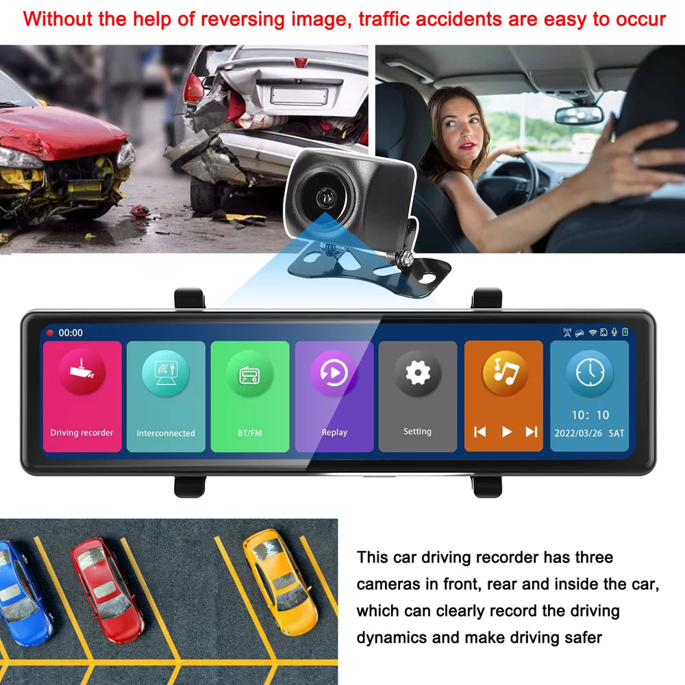 12in Rearview Mirror Dash Cam: 3 Cameras, 2.5K Clear Video Recording - BT Connectivity, Touchscreen, Auto Driving Recorder - Capture Every Moment on the Road