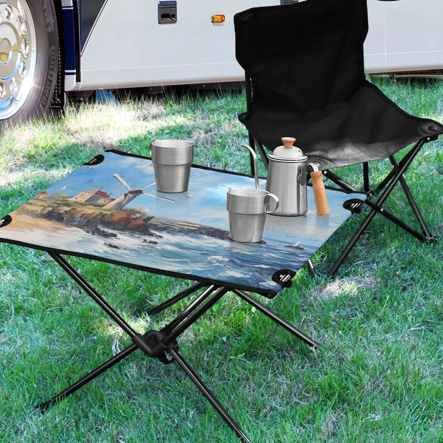 Landscape Paint Camping Foldable Portable Table Beach Table with Storage Bag Compact Picnic Table Outdoor Hiking Fishing BBQ