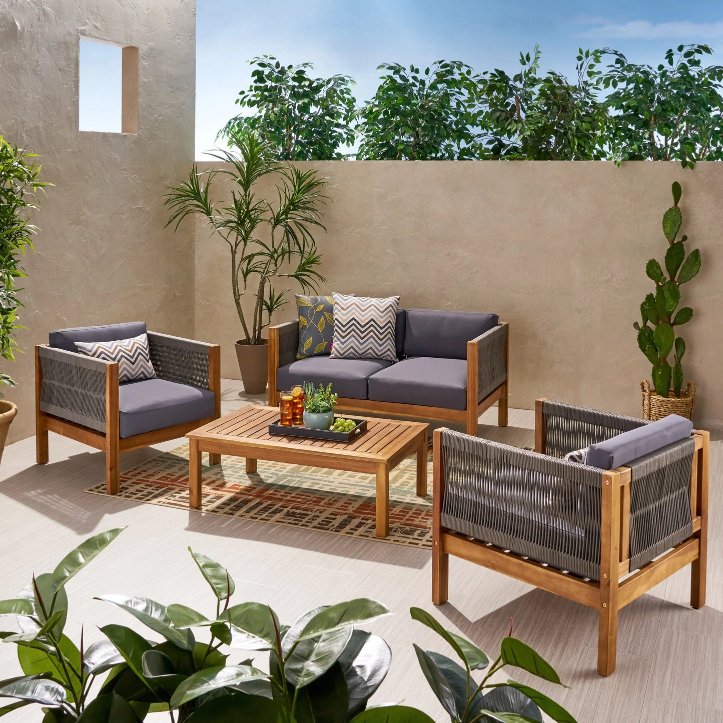 GDF Studio Charlotte Outdoor Acacia Wood and Rope 4 Seater Chat Set with Cushions, Teak and Gray