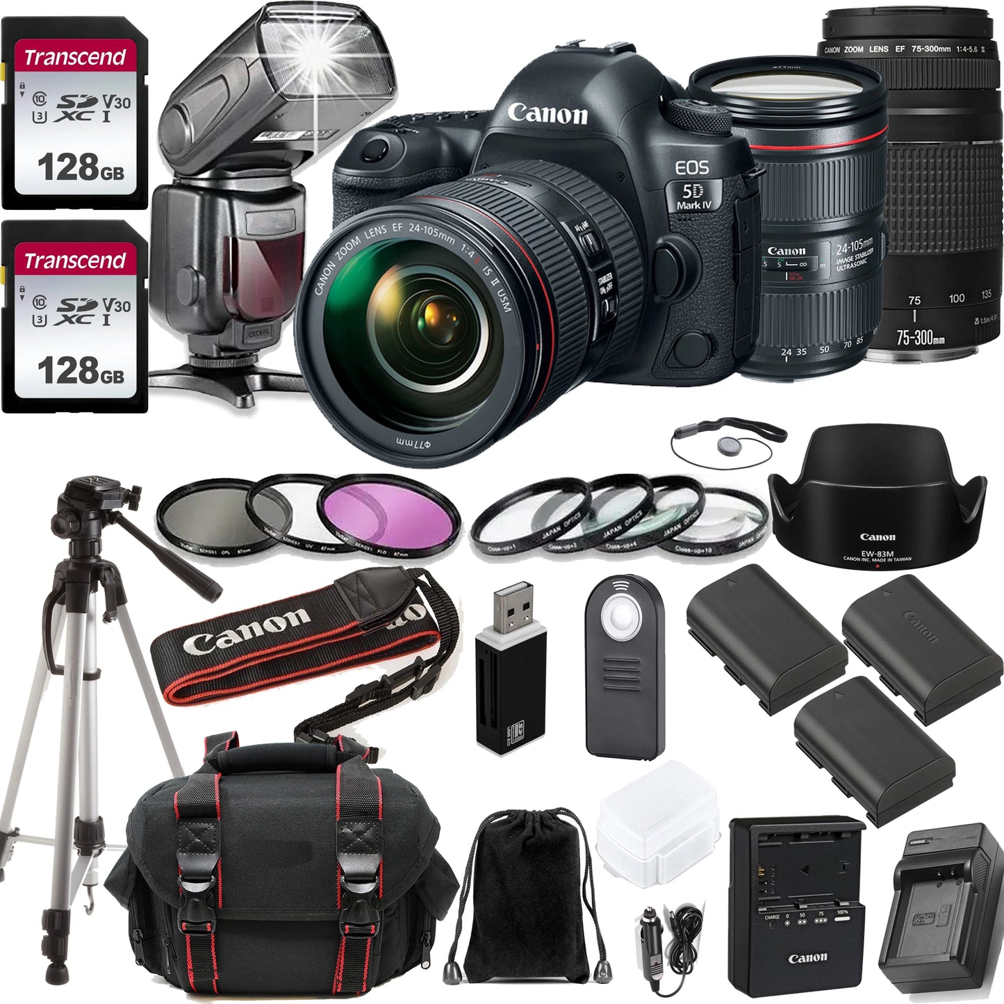 Canon EOS 5D Mark IV DSLR Camera w/EF 24-105MM F/4 L is II USM Zoom Lens + Canon EF 75-300mm f/4-5.6 III Lens + 2pc Transcend 128GB Memory Cards + Professional Kit