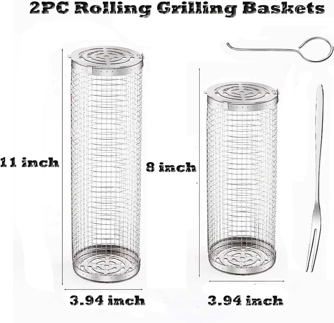 2PC Rolling Grilling Basket,Round Barbecue BBQ Grilling Basket ,Portable Outdoor Camping BBQ Rack Fish, Shrimp, Vegetables, Barbeque Griller Cooking Accessories