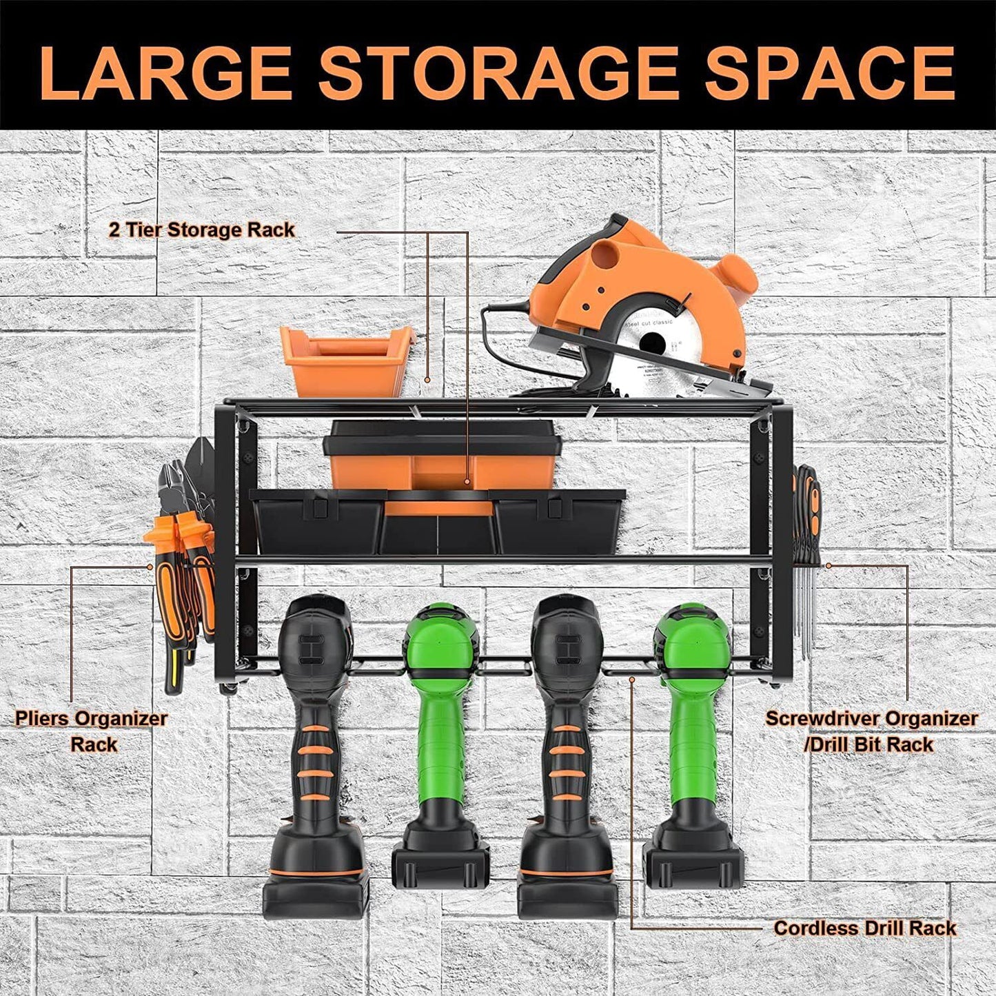 2PCS Power Tool Organizer Wall-Mounted Cordless Drill Holder, Heavy Duty Rack