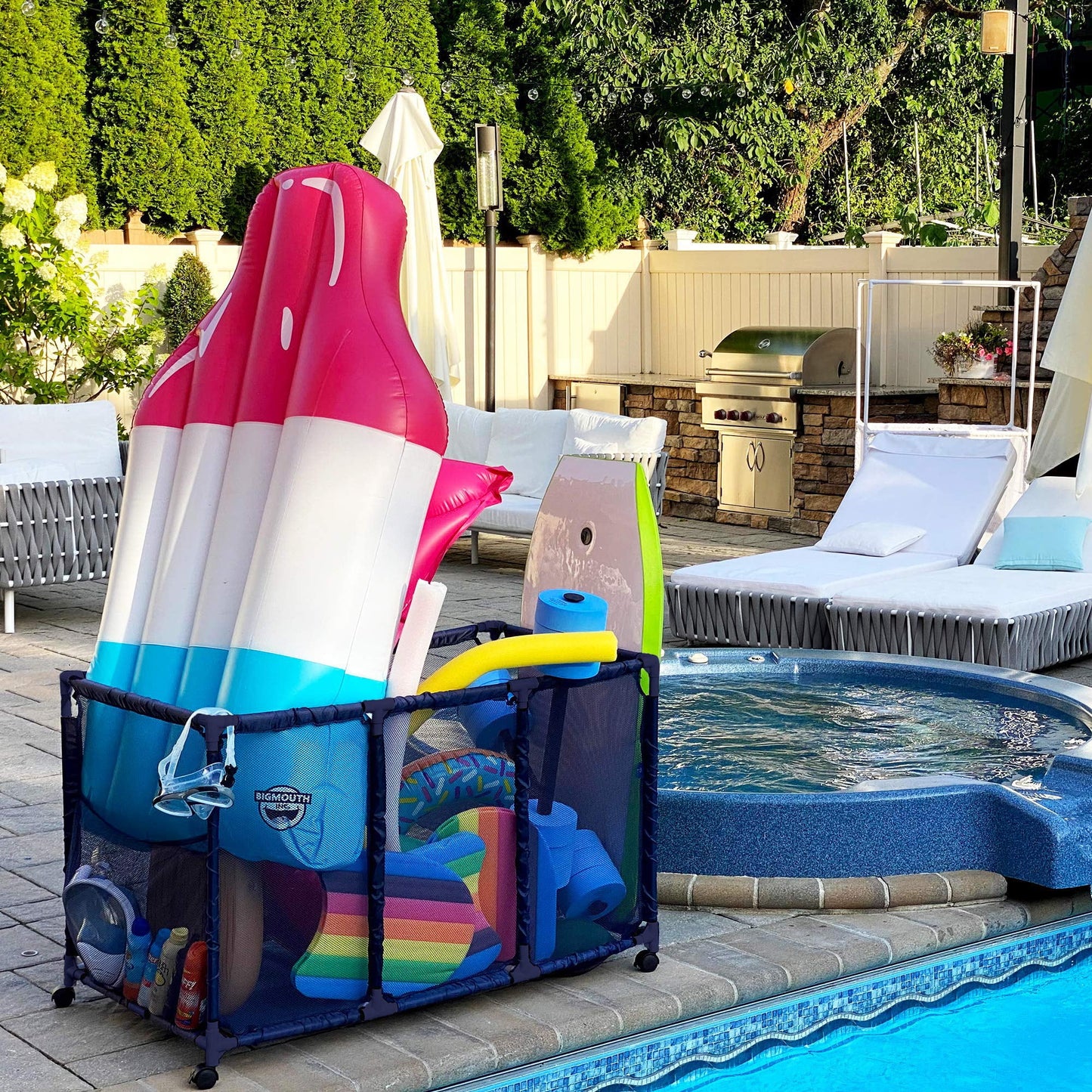 Essentially Yours Pool Noodles Holder, Toys, Floats, Balls and Floats Equipment Mesh Rolling Storage Organizer Bin, Kids Height, Large, (43" W x 25" L x 28" H), Blue Style 563009