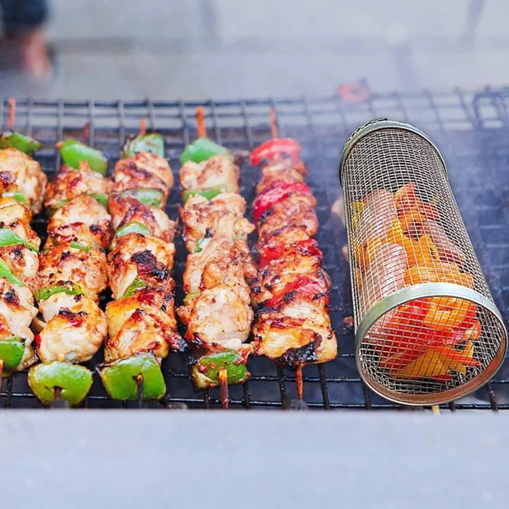 2PC Rolling Grilling Basket,Round Barbecue BBQ Grilling Basket ,Portable Outdoor Camping BBQ Rack Fish, Shrimp, Vegetables, Barbeque Griller Cooking Accessories
