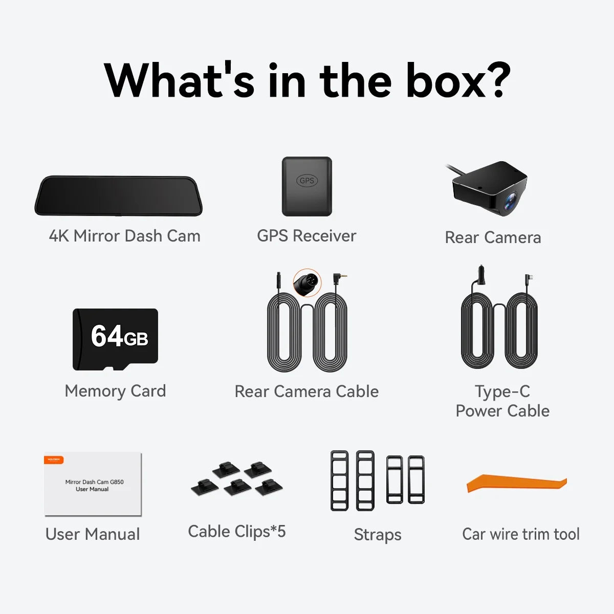 WOLFBOX 12'' Rear View Mirror Dash Cam, 4K Front and 1080P Rear Car Dash Cameras with Super Night Vision, Vehicle, Free 64GB Card & GPS, USB C Port