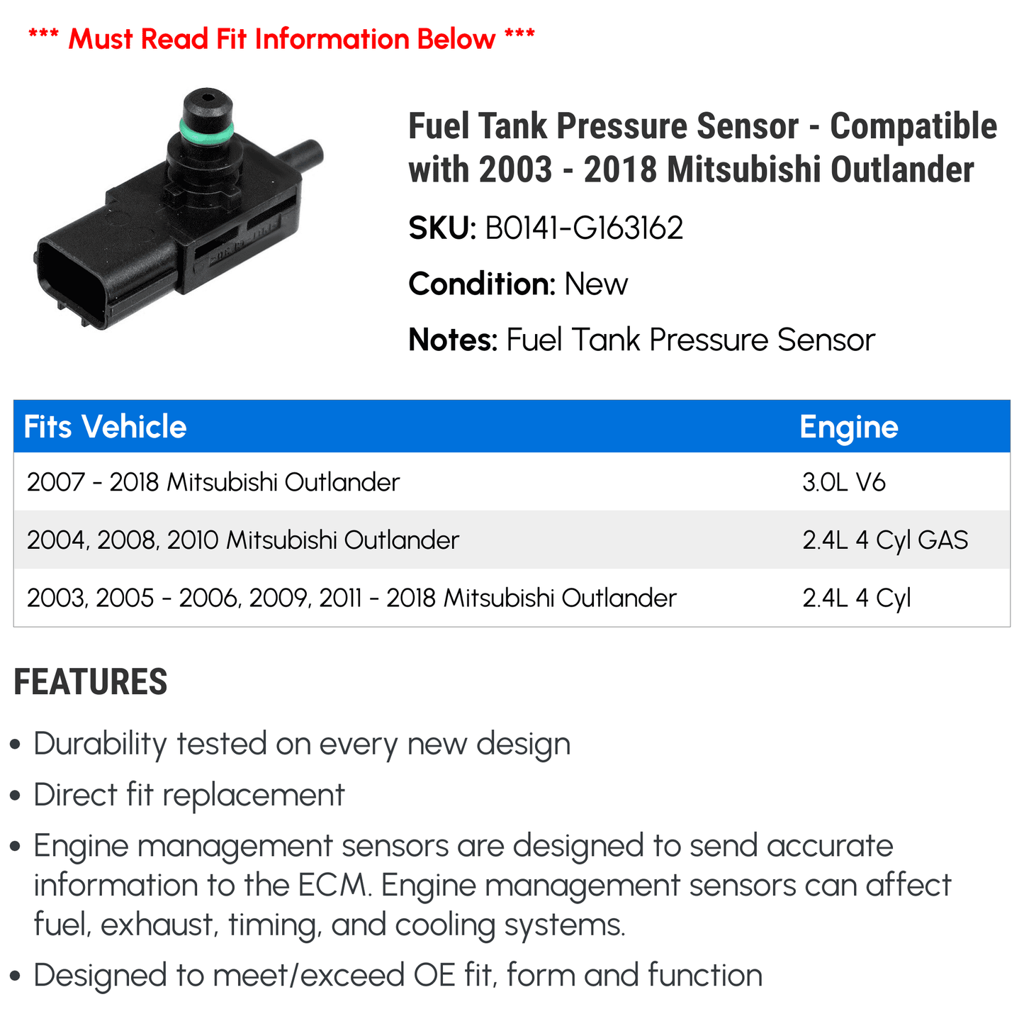 Fuel Tank Pressure Sensor - with 2003 - 2018 Mitsubishi Outlander 2004 2005 2006 2007 2008 2009 2010 2011 2012 2013 2014 2015 2016 2017