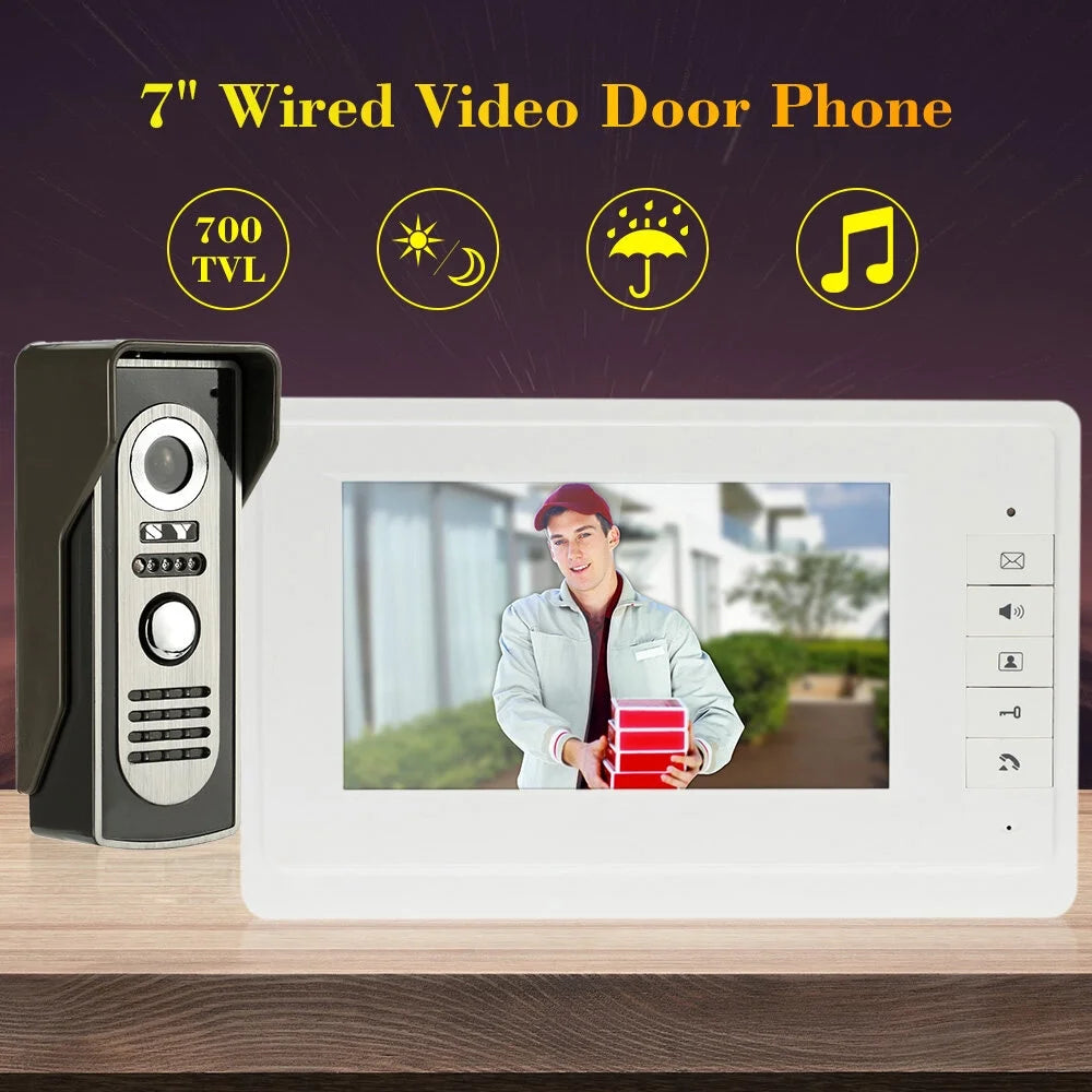 7” Wired Video Door Phone System Visual Doorbell with Indoor Monitor and Outdoor Camera support Unlock Infrared Night View Rainproof Home