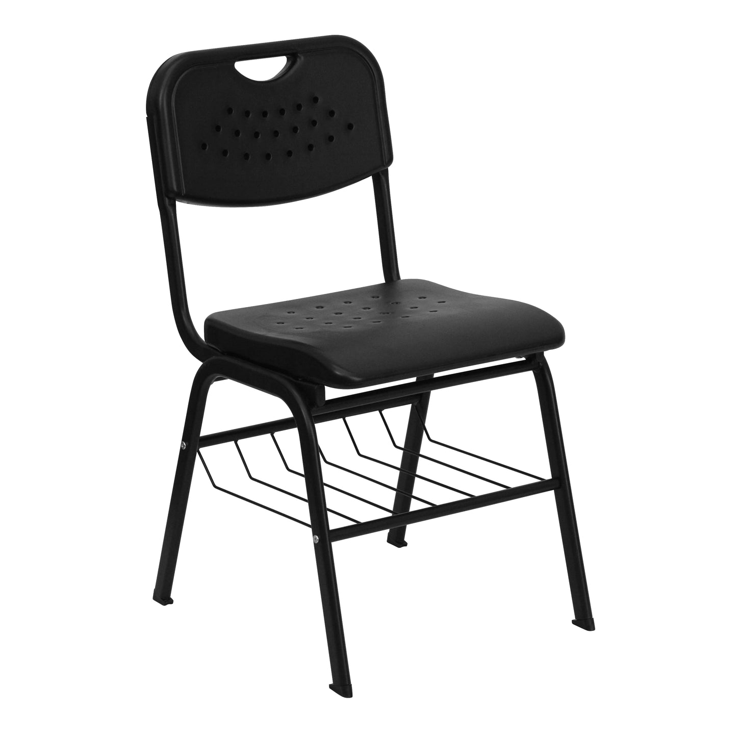 BizChair 880 lb. Capacity Black Plastic Chair with Black Frame and Book Basket