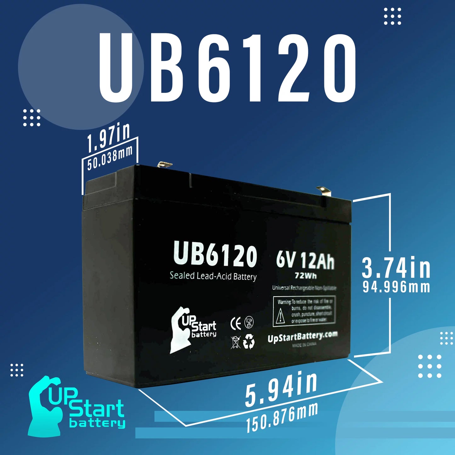 4x Pack - Tripp-Lite 850 Battery - Replacement UB6120 Universal Sealed Lead Acid Battery (6V, 12Ah, 12000mAh, F1 Terminal, AGM, SLA) - Includes 8 F1 to F2 Terminal Adapters
