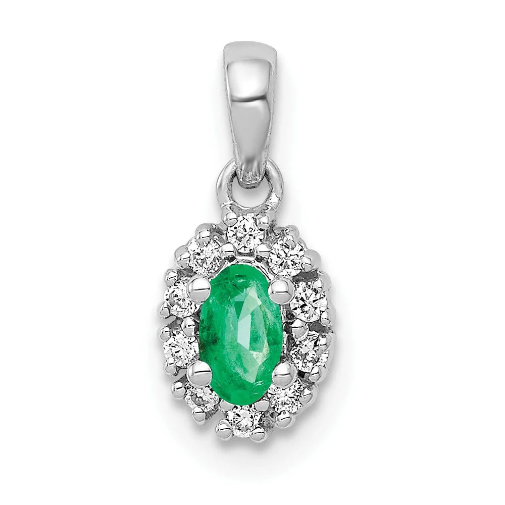 14k White Gold Diamond and Oval Emerald Halo Pendant QPM5252-EM-010-WA
