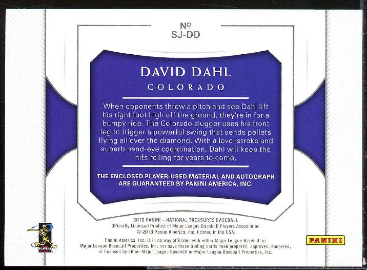 David Dahl 2018 Panini National Treasures Signature Jumbo Memorabilia Gold #26