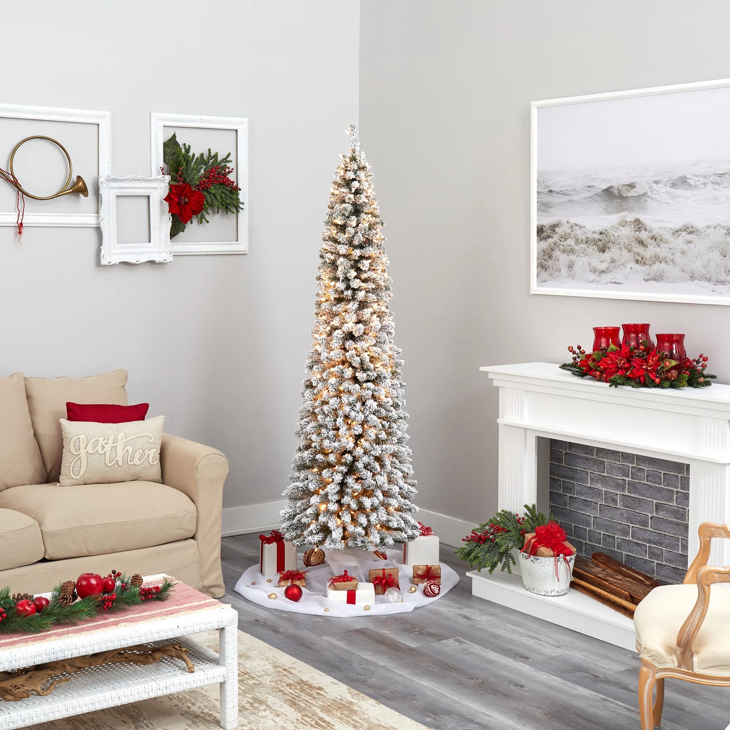 Nearly Natural 7' White Flocked Pencil Artificial Christmas Tree Prelit 400 Clear Lights