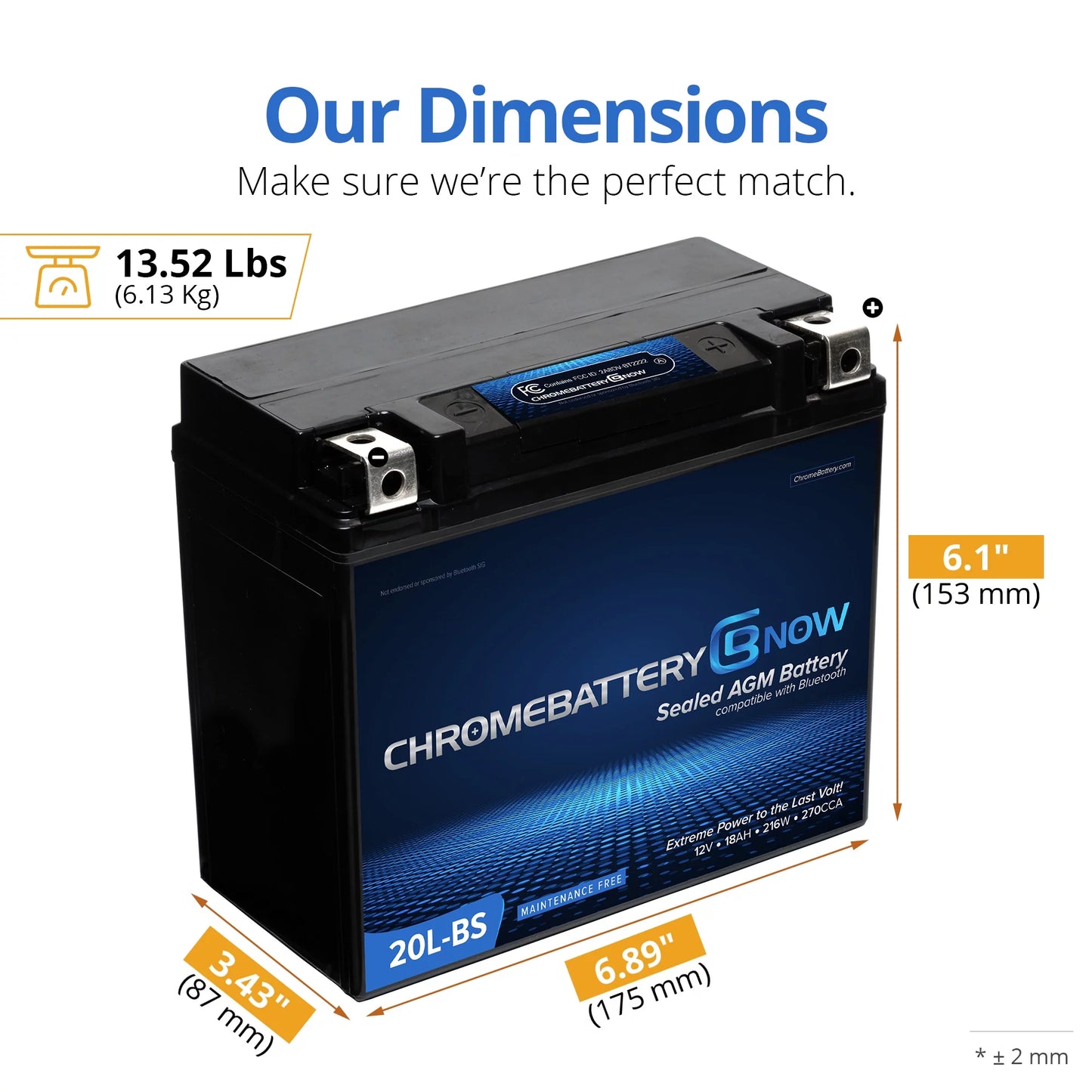 Chrome Battery Now Ytx20l-bs (20l-bs 12 Volt,18 Ah, 270 Cca) Intelligent Wireless Smartphone Connectivity AGM Battery Personal Watercraft - Brp (sea-doo) 1500 All Models Years (1988 - 1993)