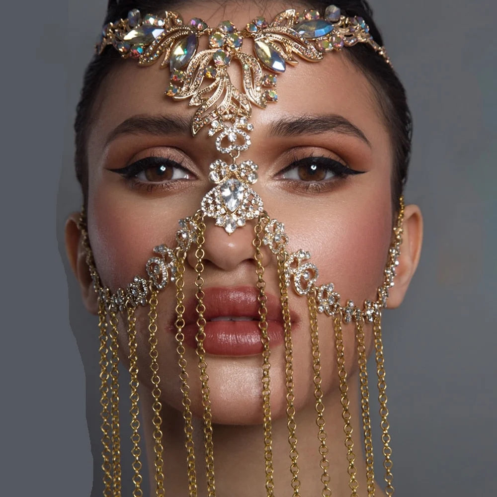 Crystal Face Chain Costumes Halloween Mask Women Headpiece Tassel Hair Jewelry Face Jewelry Rhinestone