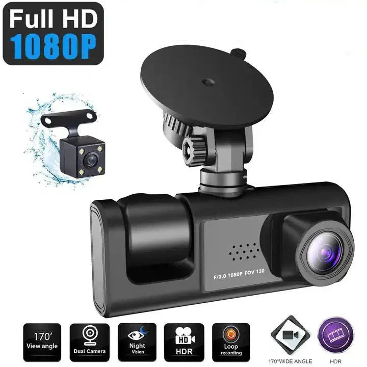 3 Channel Dash cam, 2-inch Screen Driving Recorder, High-Definition 1080P, Night Vision, Loop recording, Motion Detection, G-Sensor +32 GB SD Card