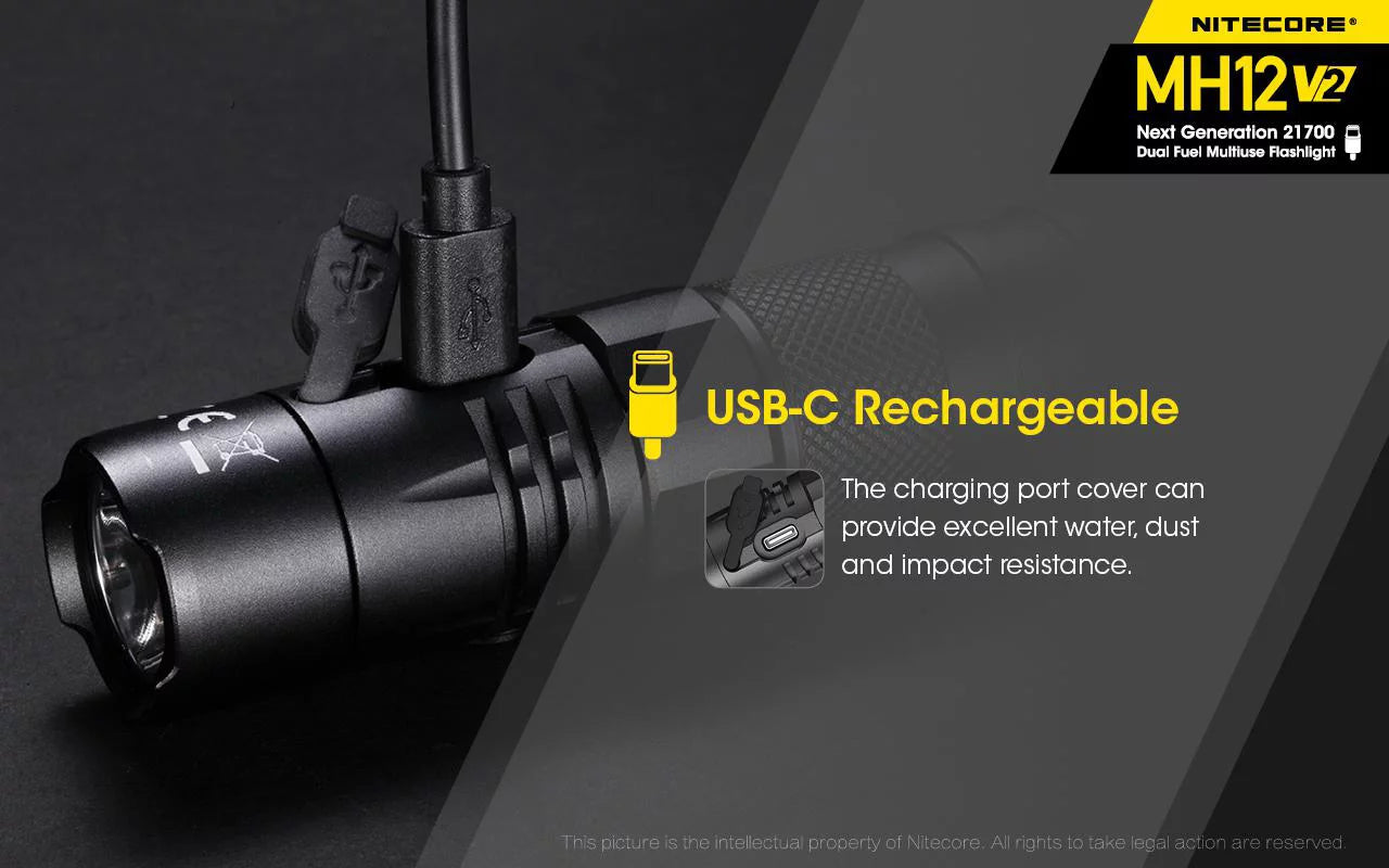Nitecore MH12 V2 CREE XP-L2 V6 LED Flashlight -1200 Lumens -21700 Battery (Included) w/ One FREE Nitecore TIPKeychain light (Random Color)