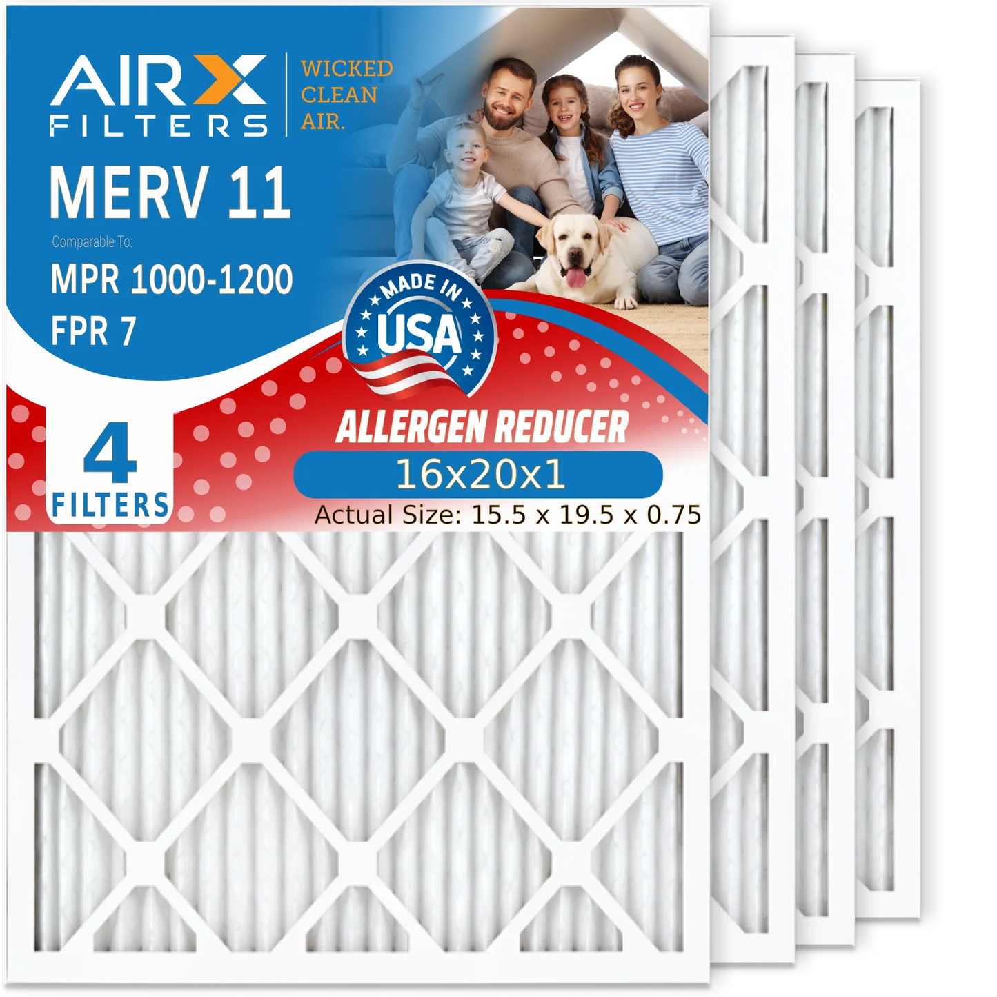 16x20x1 Air Filter MERV 11 Comparable to MPR 1000, MPR 1200 & FPR 7 Electrostatic Pleated Air Conditioner Filter 4 Pack HVAC Premium USA Made 16x20x1 Furnace Filters by AIRX FILTERS WICKED CLEAN AIR.